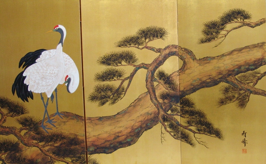 A couple of Cranes on Pine tree