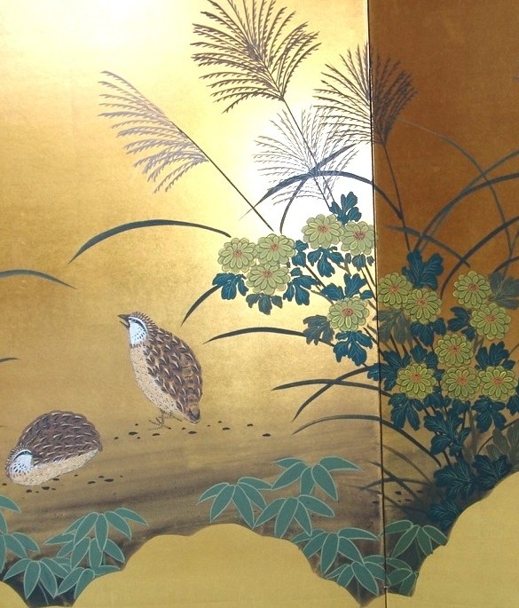 A collaboration of chrysanthemums and Japanese grass, flowers representative of autumn, and quail.